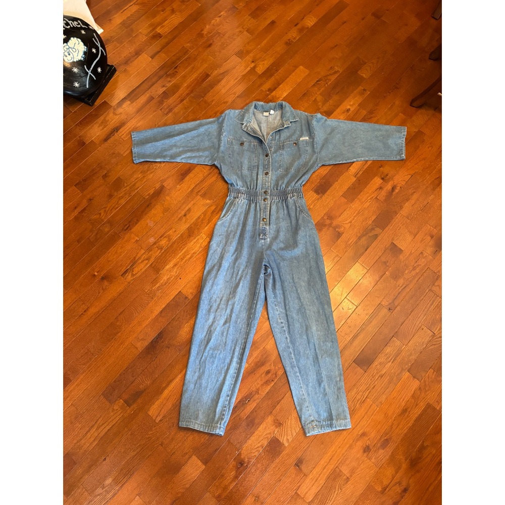 Vintage Dreams Denim Jumpsuit Light Wash Elastic Waist Cotton Boiler Suit Medium